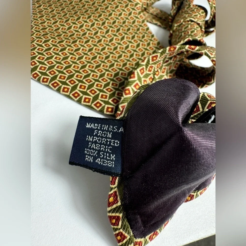 POLO RALPH LAUREN Necktie -Tie Handmade Usa Silk Green-Burgundy Squares